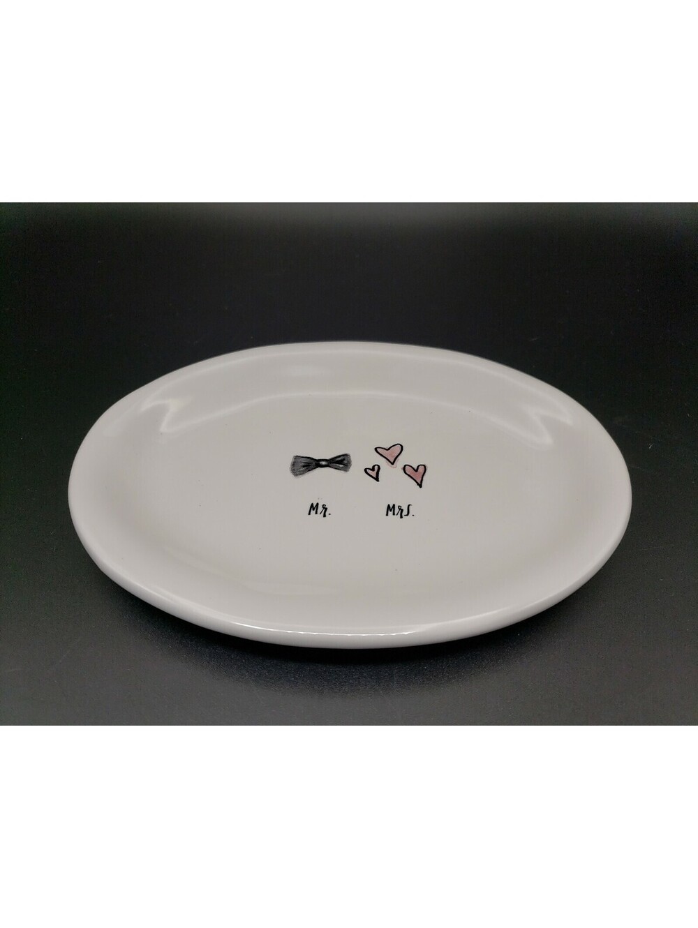 Rae Dunn Mr & Mrs Trinket Dish Oval Wedding Tray Bow Tie Heart Pink Gray